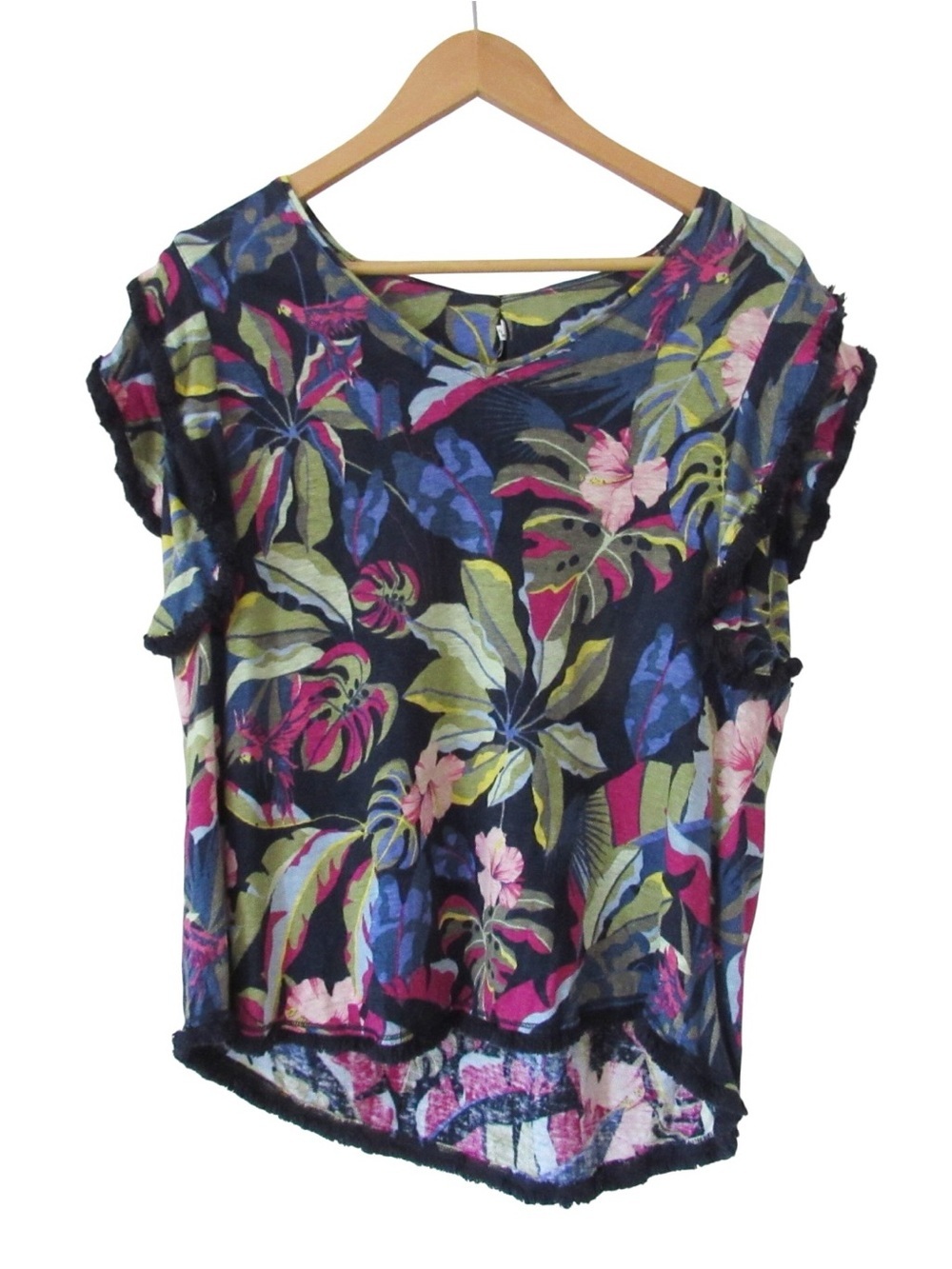 Chicos Floral Linen Top Tee 3 XL Blue Fringe Trim Boho Breathable